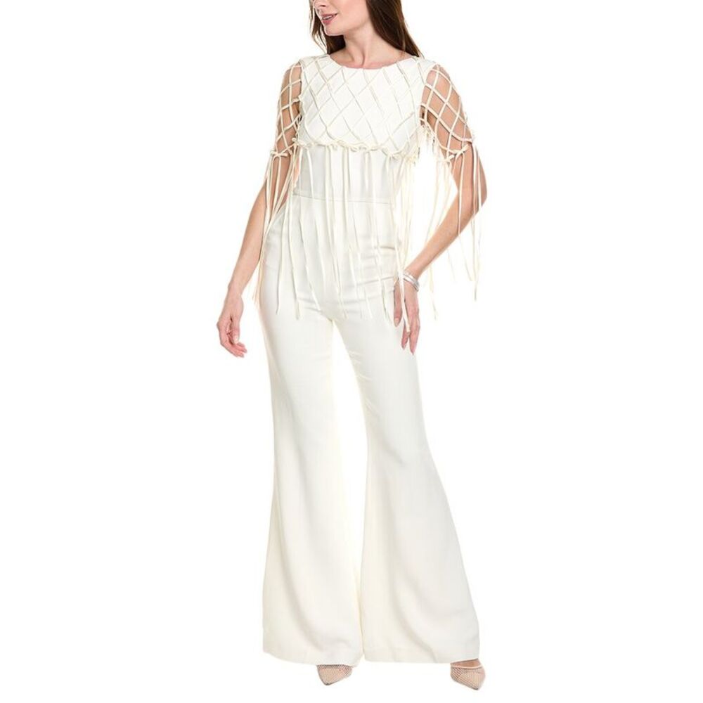 Saloni Womens Heavy Crepe Silk-Trim Jumpsuit, White